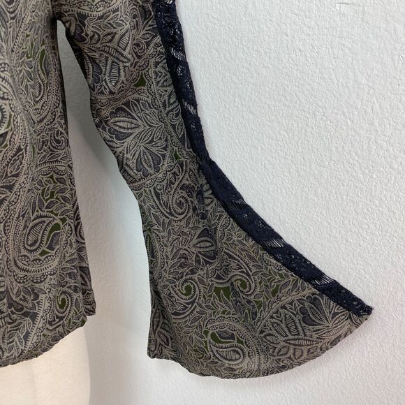 Abercrombie & Fitch Olive Green Paisley Blouse SM Fairy Goth Boho Cold Shoulder - Picture 6 of 10